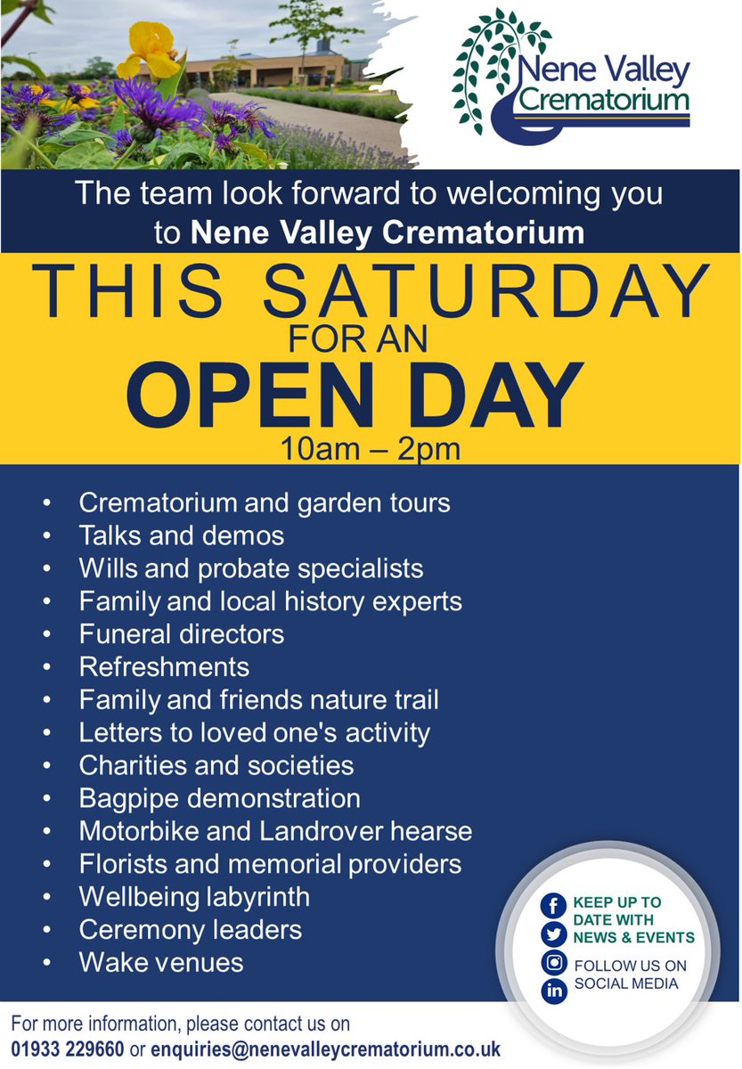 The team look forward to welcoming you to Nene Valley Crematorium THIS SATURDAY for an OPE DAY 10am – 2pm 

#northnorthants #wellingborough #openday #joinus #nenevalley