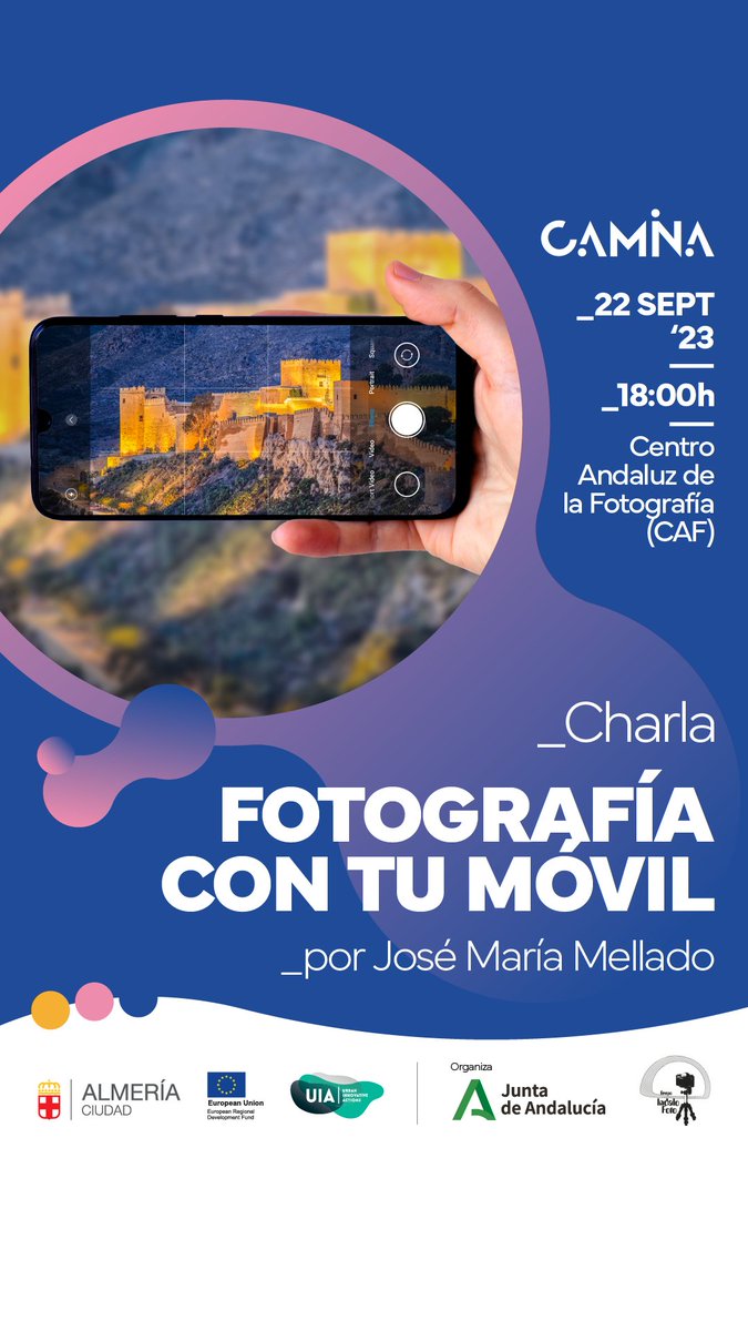 CulturaAlmeria's tweet image. No te pierdas la charla que nos dará el fotógrafo José María Mellado en el #CentroAndaluzdelaFotografía
🗣️"Fotografía con tu móvil"📱
🗓️22 de septiembre
🕕18:00h
la entrada es libre hasta completar aforo
@CulturaAND @CulturaCuenta #ProyectoCAMINA