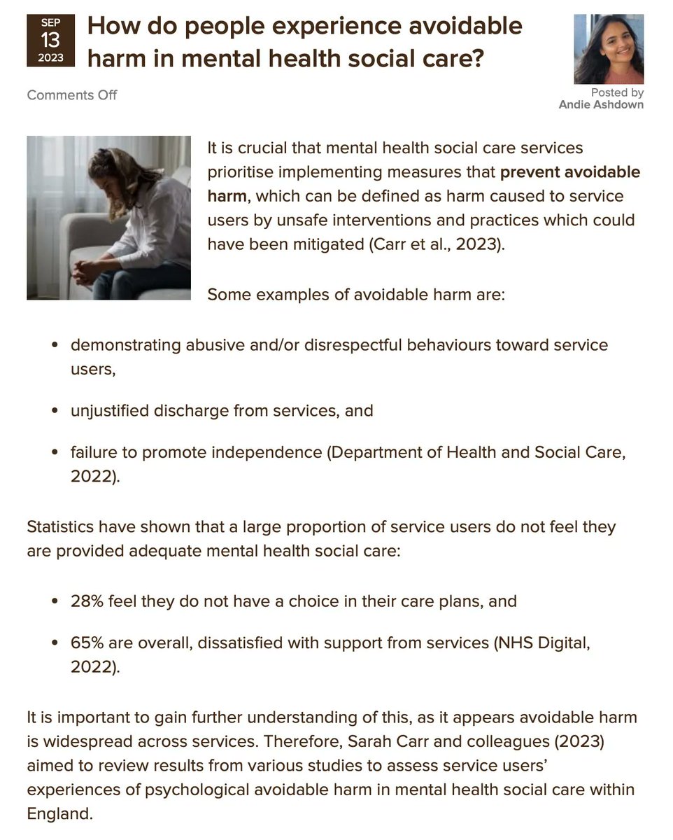 Mental_Elf's tweet image. Today @andieashdown summarises a scoping review led by Sarah Carr @SchrebersSister on service users’ experiences of social and psychological avoidable harm in mental health social care in England nationalelfservice.net/?p=175617 

#AvoidableHarm #MentalHealth #SocialCare