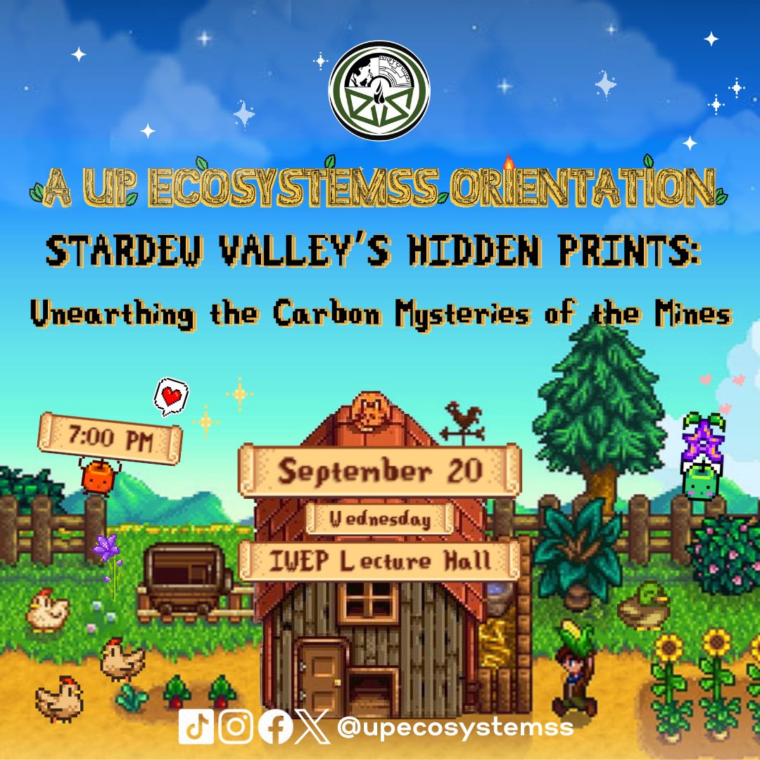 upecosystemss's tweet photo. The UP ECOSYSTEMSS is looking for villagers who promote intellectual environmentalism &amp; will uncover the secrets of the carbon credit policy with us. Join us for an exciting and fun event in the valley on 𝐒𝐞𝐩𝐭𝐞𝐦𝐛𝐞𝐫 𝟐𝟎, 𝟕:𝟎𝟎 PM at 𝐈𝐖𝐄𝐏 𝐋𝐞𝐜𝐭𝐮𝐫𝐞 𝐇𝐚𝐥𝐥 💚 https://t.co/KhE1BFGg4W