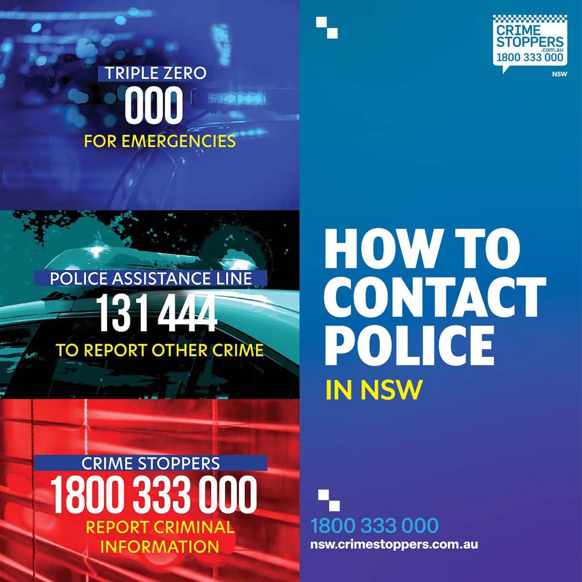 There are three different ways you can contact police. Each phone number has a very important purpose. 

Make sure you know which number to call.