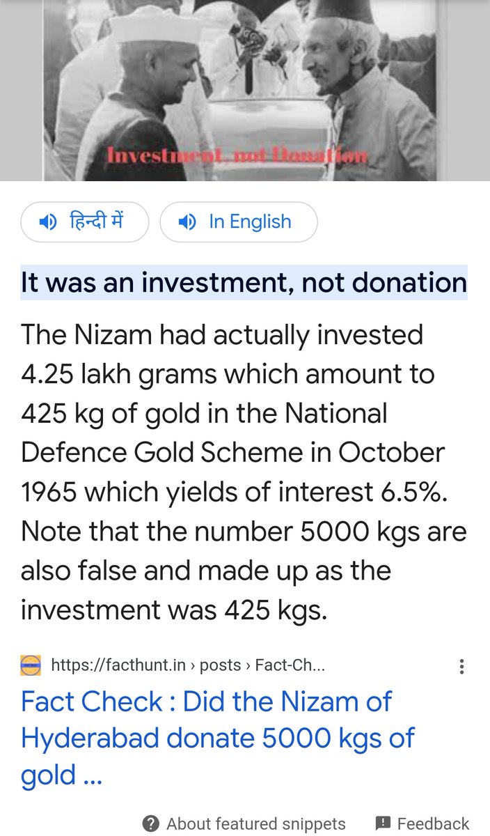 real_anujsingh's tweet photo. @ShahinabulalaA @TajinderBagga The Nizam of Hyderabad didn't donate 5000 Kgs of Gold to the government in 1965. He had invested 425 kgs of gold in the National Defence Gold Scheme with an interest rate of 6.5%. https://t.co/3ErXjg0CaF