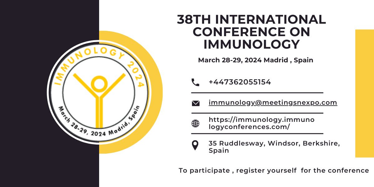 🌍 Exciting News! Join us for the 38th International Conference on Immunology in Madrid, Spain 🇪🇸 on March 28-29, 2024! 📅 Immerse yourself in the latest advancements in Immunology. #ImmunologyConference2024 #Madrid #Science #Research #SaveTheDate shorturl.at/noT47