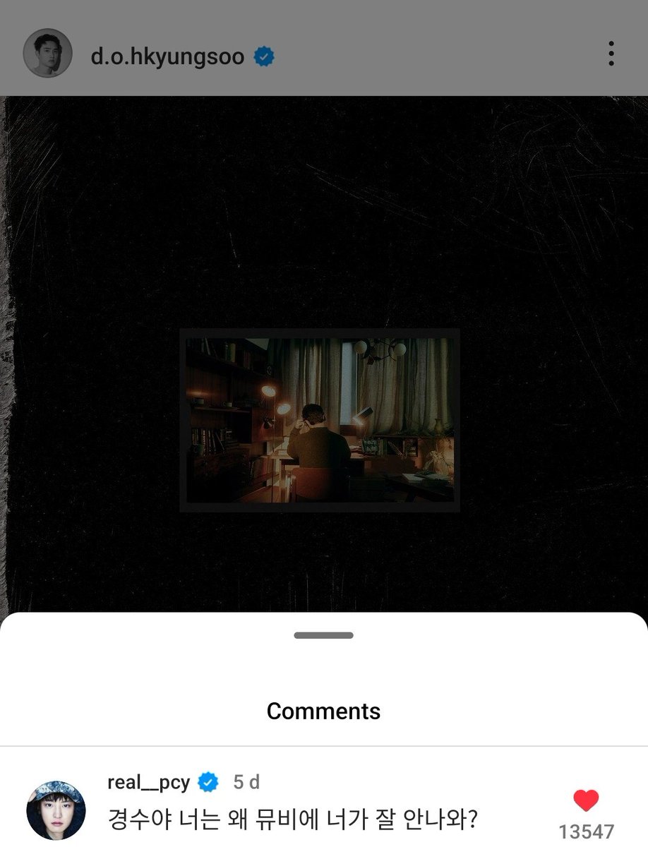 xunonme's tweet photo. SeChan (Sehun, Chanyeol) love to tease Kyungsoo and left a comment on his IG post ~~

🍒: kyungsoo-yah, why didn't you come out on the music video?

🐥: what's wrong with you

#세훈 #SEHUN #CHANYEOL #찬열 https://t.co/UEFYGV3a1h