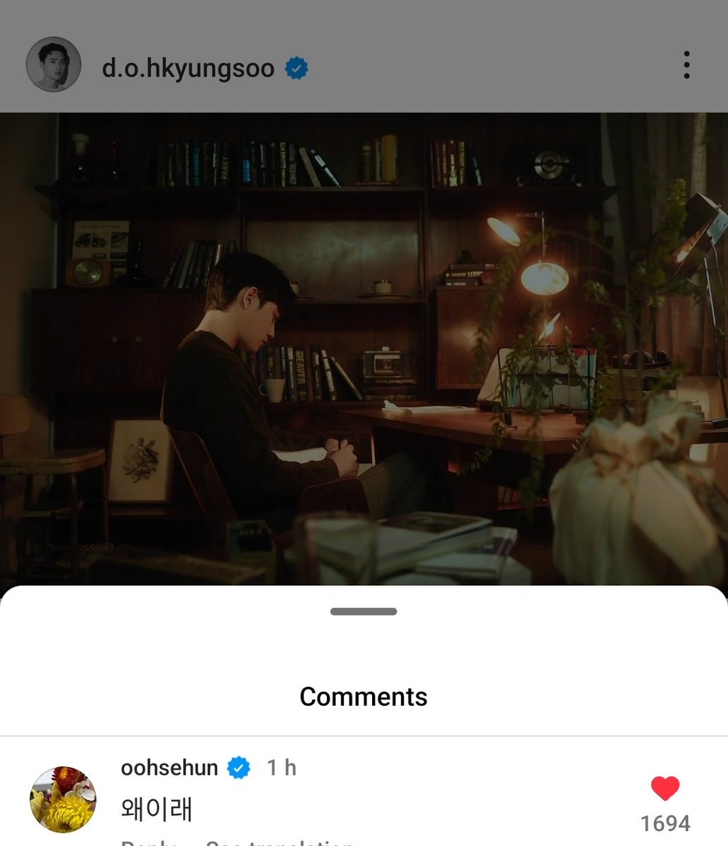 xunonme's tweet photo. SeChan (Sehun, Chanyeol) love to tease Kyungsoo and left a comment on his IG post ~~

🍒: kyungsoo-yah, why didn't you come out on the music video?

🐥: what's wrong with you

#세훈 #SEHUN #CHANYEOL #찬열 https://t.co/UEFYGV3a1h