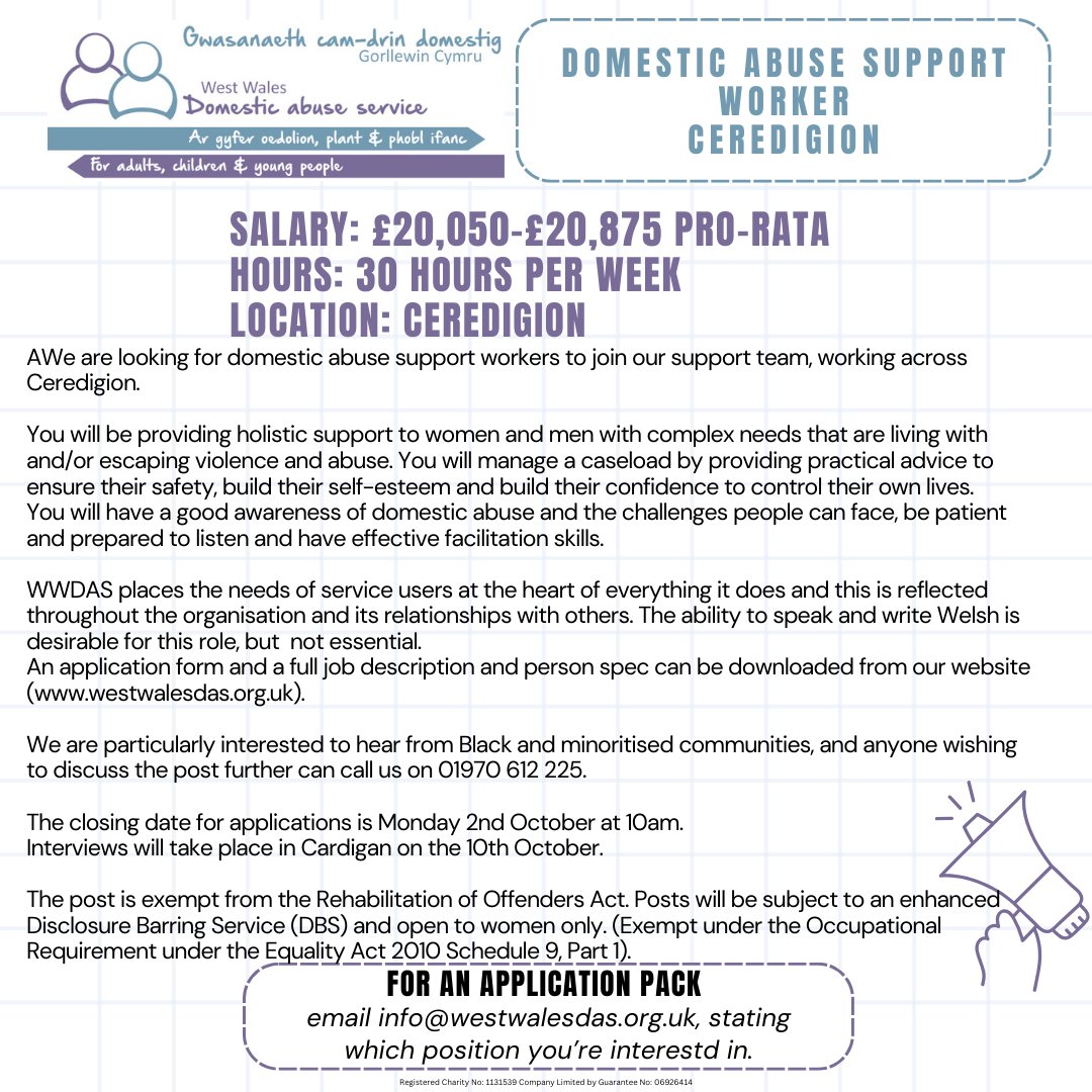 We're recruiting!

Homelessness Prevention Officers
CYP Support Workers
Domestic Abuse Support Worker.

Part time and full time positions available. 

For full job descriptions and an application pack email info@westwalesdas.org.uk.

#recruiting #Jobs #Ceredigion #WestWales