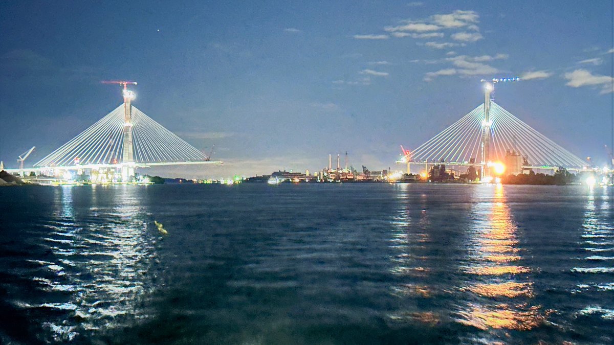 We got a look at the <a href="/GordieHoweBrg/">Gordie Howe International Bridge</a> last night from the river. Quite a sight and feat of engineering. #USA #Canada
