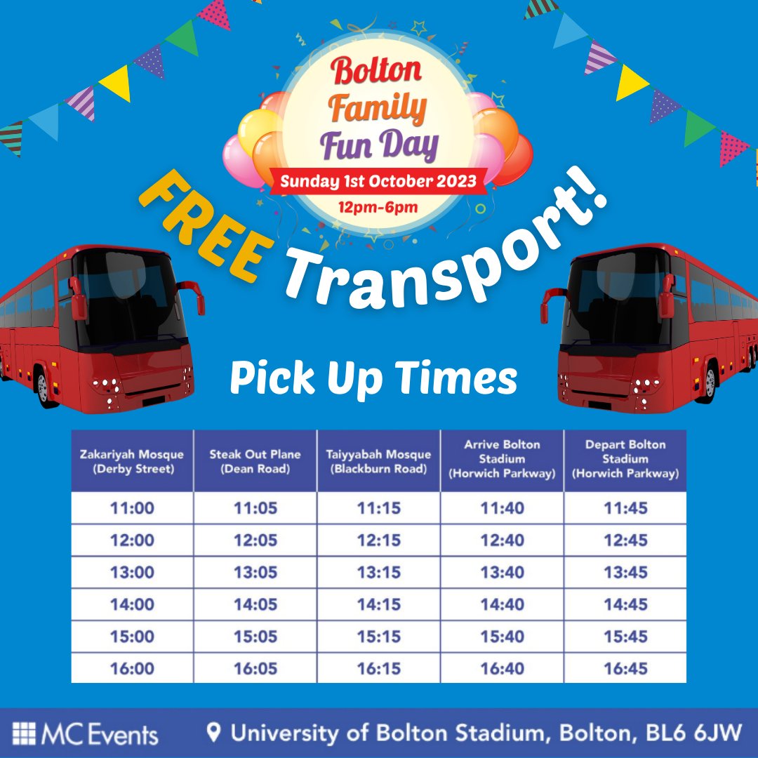 🚌 Hop On for a Hassle-Free Fun Day! 🚌

MC Events has got your transport covered for the Bolton Family Fun Day! Enjoy FREE coach trips to and from the event. 🌟

Swipe to check out the various locations and times to plan your journey.

#BoltonFamilyFunDay  🎉