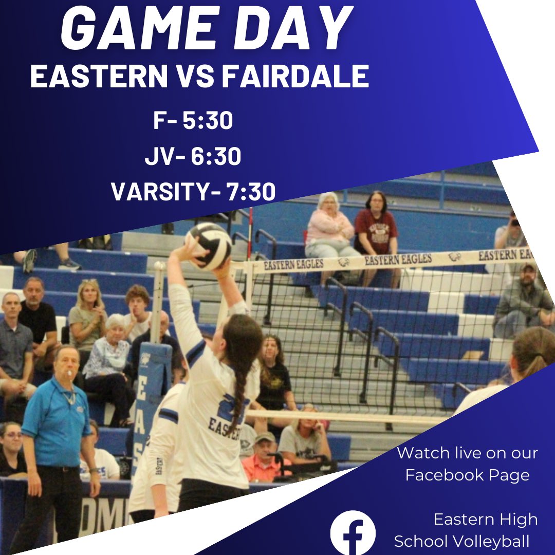 EasternHSVball's tweet photo. 🦅🦅GAME DAY 🏐🏐

EASTERN PLAYS FAIRDALE (@ HOME)

Freshman take court at 5:30! 
Watch Varsity live on our facebook page ! 

#FlyEastern #EasternVolleyball #EHSVolleyball #EaglesVolleyball #EasternEaglesVolleyball #WeAreOne https://t.co/D5Q3U2XqI2