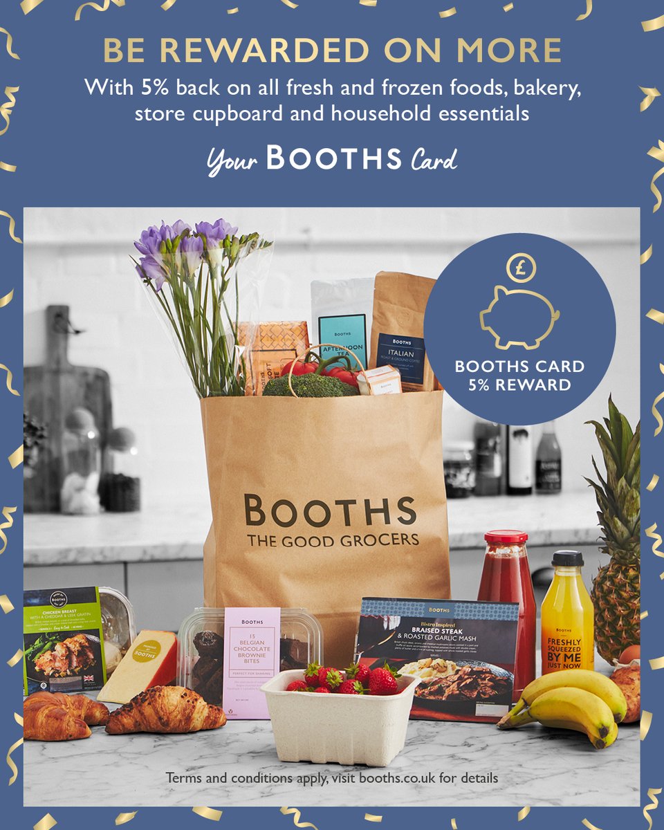 Calling all Your Booths Card holders — we're rewarding you on more this autumn! 🍂
Between the 13th of September and the 11th of October, your 5% reward benefit now includes all fresh food and bakery 🙌
No Booths Card? Find out more and sign up booths.co.uk/about-booths-c…