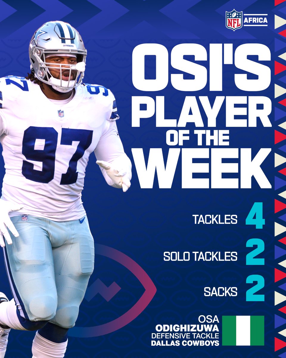 The Week 1 nod from @OsiUmenyiora 🇳🇬 goes to Osa Odighizuwa 🇳🇬 of the @dallascowboys #OsisPick #POTW