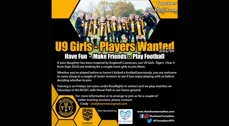 PLAYERS WANTED: U9 Girls (Year 4) 
If your daughter has been inspired by England’s Lionesses, Thatcham Tornadoes U9 Girls Tigers are looking for a couple more girls to join them.
Contact: cindybremner@gmail.com
thatchamtornadoes.com/news/players-w…