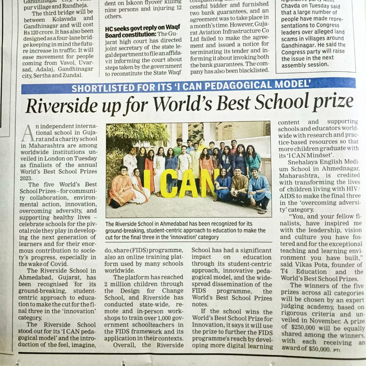 riversideindia's tweet photo. Making Gujarat and India proud! Riverside is the only Indian school in the Top 3 finalist for the World's Best School Prizes in Innovation. 
It is a proud moment for all of us!

#StrongSchools #BestSchoolPrizes #KiranBirSethi #ICANMindset #ICAN #worldtop3 #innovationineducation https://t.co/sRpOOUjrJA