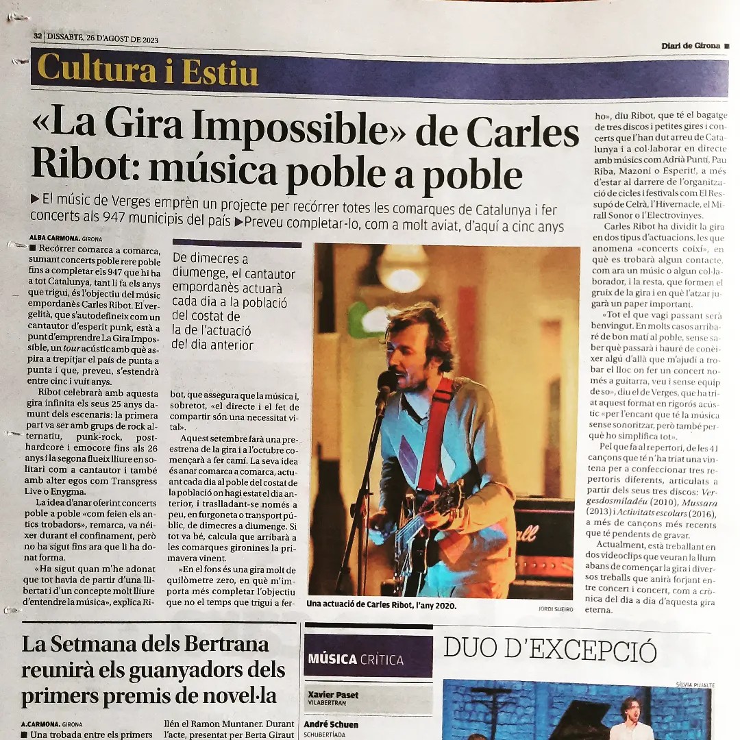 Carles_Ribot's tweet photo. 🌍 Quines ganes de començar l'aventura!! 🤩

💜 Ens veurem als vostres pobles! Aniré publicant les rutes comarca per comarca! 📍🫶

🗞 @diaridegirona 🤩
#lagiraimpossible #carlesribot #esperitpunk https://t.co/M8Ym3czJuj