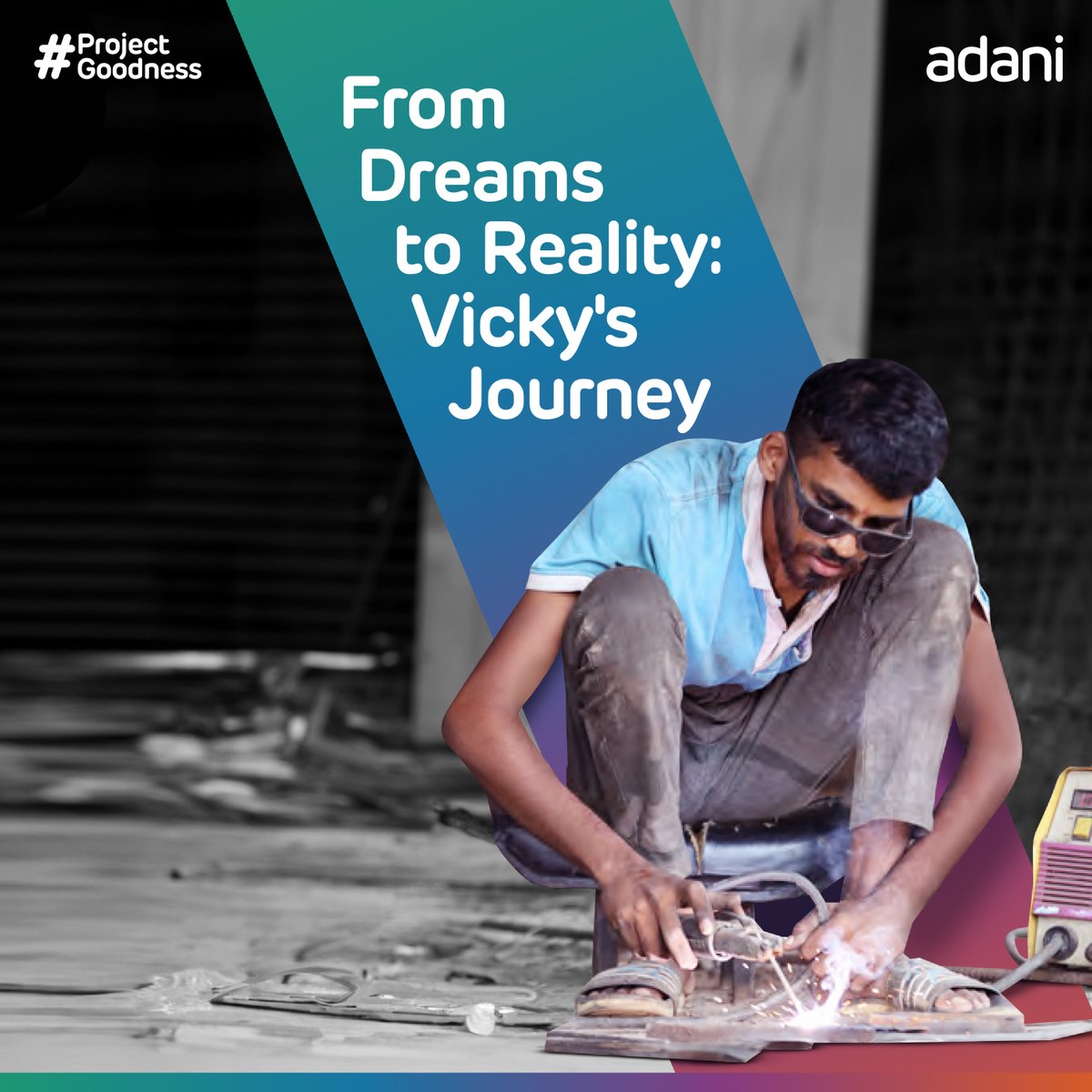 AdaniOnline's tweet photo. Meet Vicky, a determined welding technician from Tiroda, Maharashtra. His journey from a small town to fulfilling his dreams is truly inspiring. With the help of @AdaniSaksham, he now owns a welding workshop. He is a testament to the power of skill development. #ProjectGoodness https://t.co/UFlKWgSMOn