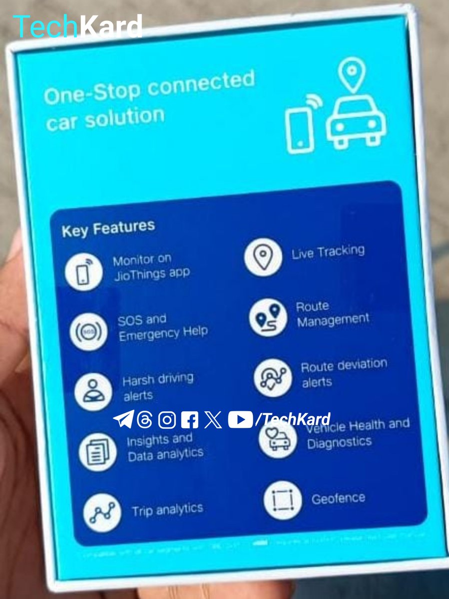 TechKard's tweet photo. 🚨 Exclusive 😉

The #Jio Motive Device for vehicles is set to launch in Sep. 21 in India.

#eSim Support
Monitor on #JioThings app
SOS &amp; Emergency Help
Harsh driving alerts
Vehicle Health &amp; Diagnostics
Trip analytics
Live Tracking
Route Management

FEEL FREE TO RT🔄🤝 https://t.co/VPxwIUu558