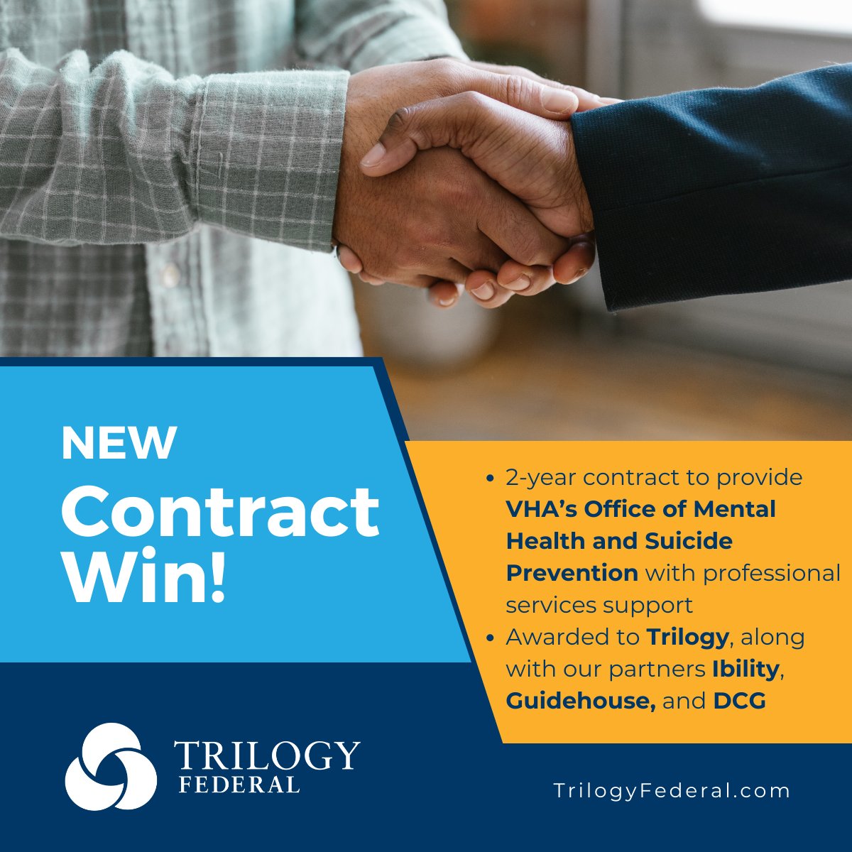 TrilogyFederal's tweet photo. We are pleased to announce that Trilogy was awarded a new, 2-year contract to support VHA’s Office of Mental Health and Suicide Prevention. This work is more important than ever, as suicide in the US reached an all-time high in 2022.  @Guidehouse #SuicidePreventionMonth https://t.co/vH6ggMPbNL