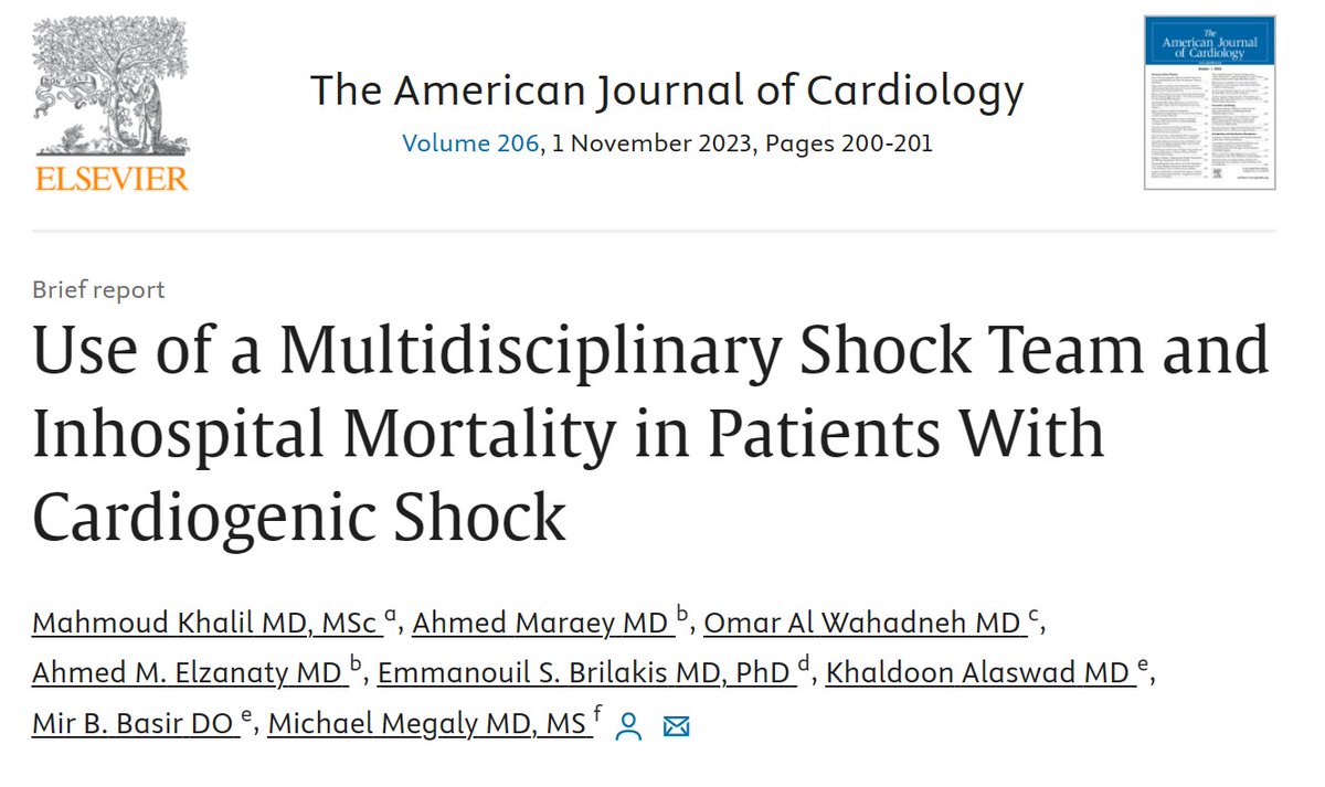 Check our latest report @AmJCardio 
Meta-Analysis of 6 studies and 2,091 cardiogenic shock patients led by @MahmoudKhalilmd. 
Multidisciplinary shock team ➡️ Lower in-hospital☠️. 

Thanks to @MichaelMegalyMD @Babar_Basir @KAlaswadMD @esbrilakis @AhmedElzanatyMD

#CardioTwitter