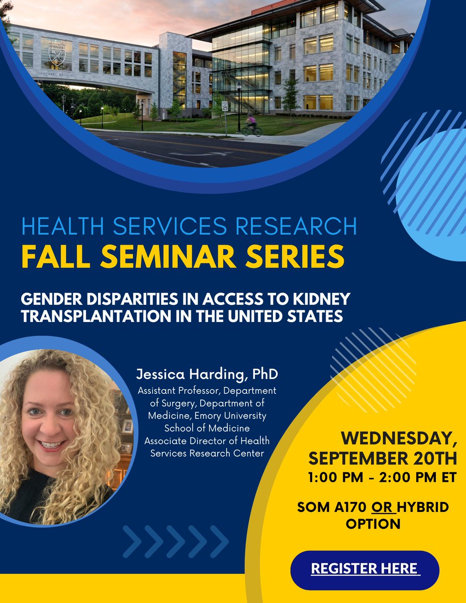 Emory Health Services Research Center (@emoryhsr) on Twitter photo Join us for our upcoming Fall Seminar Series featuring Dr. Jess Harding, PhD, Associate Director and Epidemiologist at <a href="/EmoryHSR/">Emory Health Services Research Center</a> <a href="/EmoryMedicine/">Emory School of Medicine</a>.
📅September 20, 2023 ⏰ 1-2pm (ET) 📍Hybrid option: SOM RM A170
📋Register today: zoom.us/webinar/regist…
#FallSeminarSeries Join us for our upcoming Fall Seminar Series featuring Dr. Jess Harding, PhD, Associate Director and Epidemiologist at <a href="/EmoryHSR/">Emory Health Services Research Center</a> <a href="/EmoryMedicine/">Emory School of Medicine</a>.
📅September 20, 2023 ⏰ 1-2pm (ET) 📍Hybrid option: SOM RM A170
📋Register today: zoom.us/webinar/regist…
#FallSeminarSeries