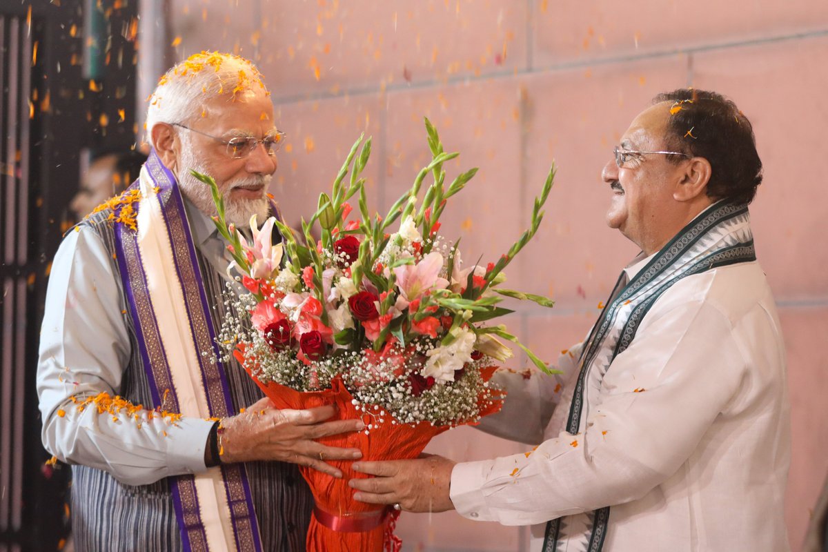 JPNadda's tweet photo. Welcomed and felicitated Hon. PM Shri @narendramodi Ji at BJP HQ today ahead of the CEC Meeting for Madhya Pradesh Assembly Elections. Also, congratulated him on behalf of all BJP karyakartas on the highly successful #G20Summit.
 
In the past 9 years, PM Modi Ji's leadership has brought about a paradigm shift in how India is perceived globally. Today, we have emerged as an unignorable power and are playing an instrumental role in solving some of the major challenges facing the world.
 
India's monumental rise on the global stage reflects the collective potential of our 1.4 billion countrymen and our firm resolve to take India to greater heights.