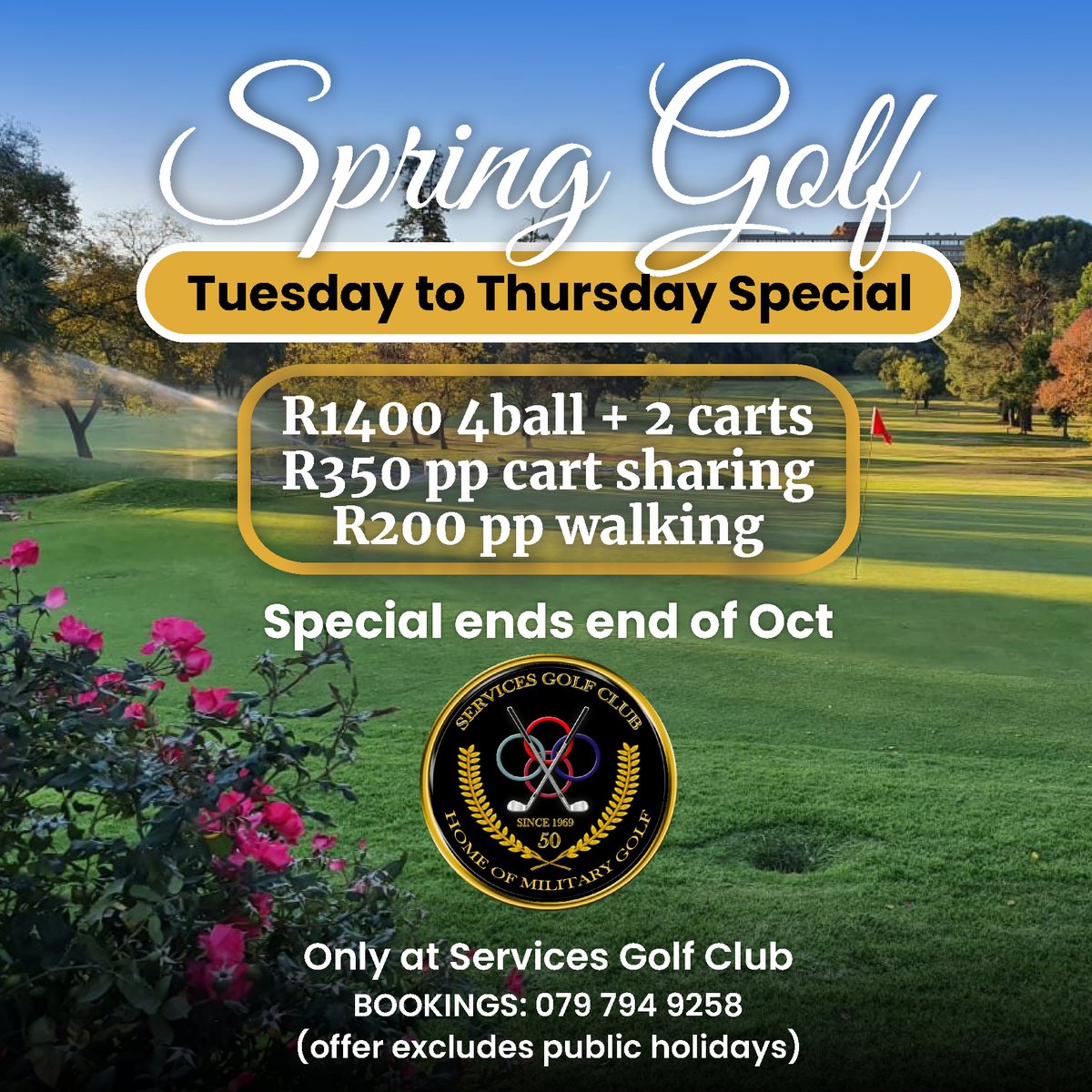 ServicesGolfCl2's tweet photo. ⛳ Swing into Spring with our Exclusive Golf Special at Services Golf Club in Pretoria! ⛳🌼

Here's what our Spring Golf Special includes:
🏌️‍♂️ Fourball + 2 Carts: Only R1400
⛑️ Cart Sharing: Just R350 per person
🚶‍♂️ Walking: Only R200 per person

📞 079 794 9258 📞 https://t.co/jUkoSwolNt