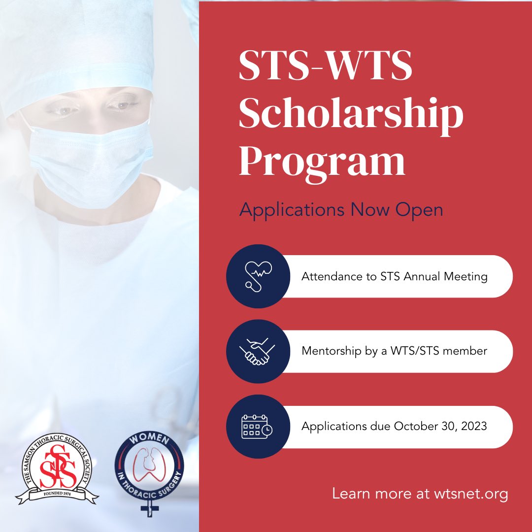 Apply now for the STS-WTS Scholarship Program! Open to female medical students, general surgery, and cardiothoracic surgery residents. Win a chance to attend the 60th STS Annual Meeting with mentorship. Apply by Oct 30, 2023, midnight PDT. To learn more: bit.ly/45MyvzI