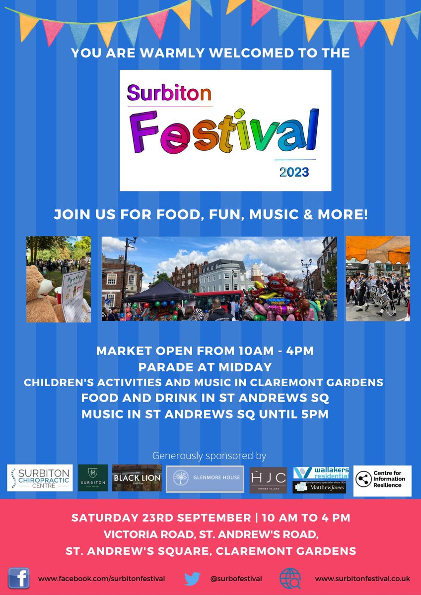 SurboFestival's tweet photo. 10 days to go until the Surbiton Festival - lots of free fun and entertainment on Sat 23rd Sept @RBKingston @RBKMayor @KoThames @KingstonNubNews @krec2016 @KingstonCOC @AllThingsSurb @surbitonbizcom @yoganMBE @SurbitonHigh @MPSSurbitonHill @surreylive @SurreyComet @muddysurrey https://t.co/VGZqmlr6QT