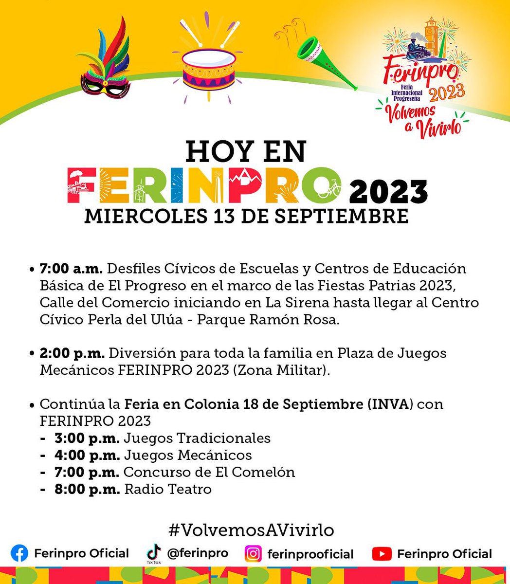 munielprogreso's tweet photo. •Hoy en FERINPRO 2023• Miércoles 13 de Septiembre🥳  #VolvemosAVivirlo #Ferinpro2023 https://t.co/584jOBxnPC