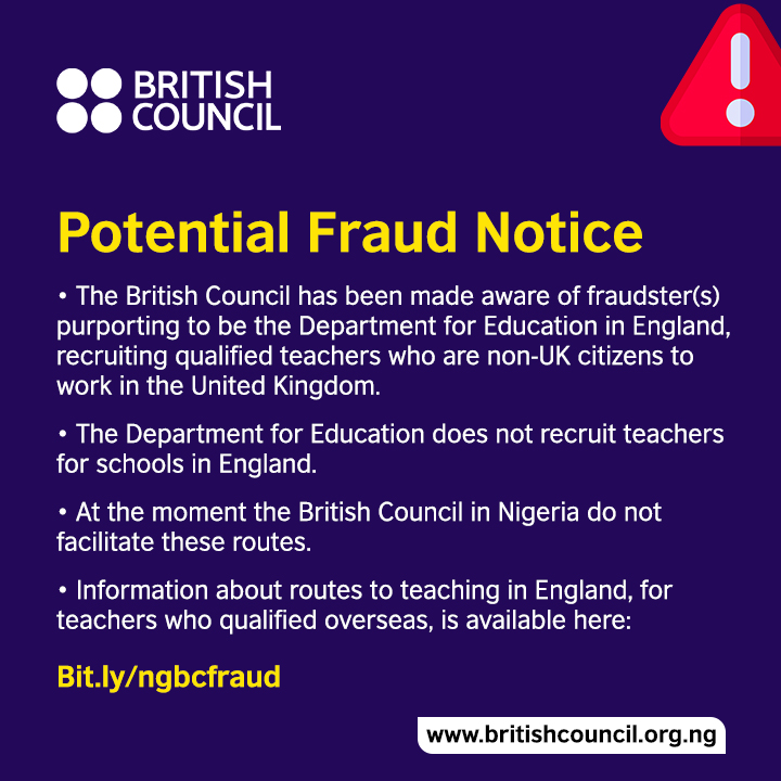 ngBritish's tweet photo. OFFICIAL STATEMENT - TEACHER RECRUITMENT FRAUD ALERT

The British Council has been made aware of fraudster(s) purporting to be the Department for Education in England, recruiting qualified teachers who are non-UK citizens to work in the United Kingdom. https://t.co/4CkuJVyLa7
