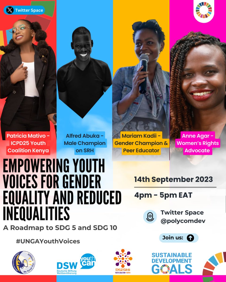 We invite you for a pre-UNGA 2023
panel discussion on Empowering Youth Voices for Gender Equality and Reduced
Inequalities: A Roadmap to SDG 5 and SDG 10.

 Twitter Space discussion will be hosted by <a href="/polycomdev/">Polycom Girls 💛💙💖</a> tomorrow, 14th September from 4-5pm
#UNGAYouthVoices #YouthCanKE