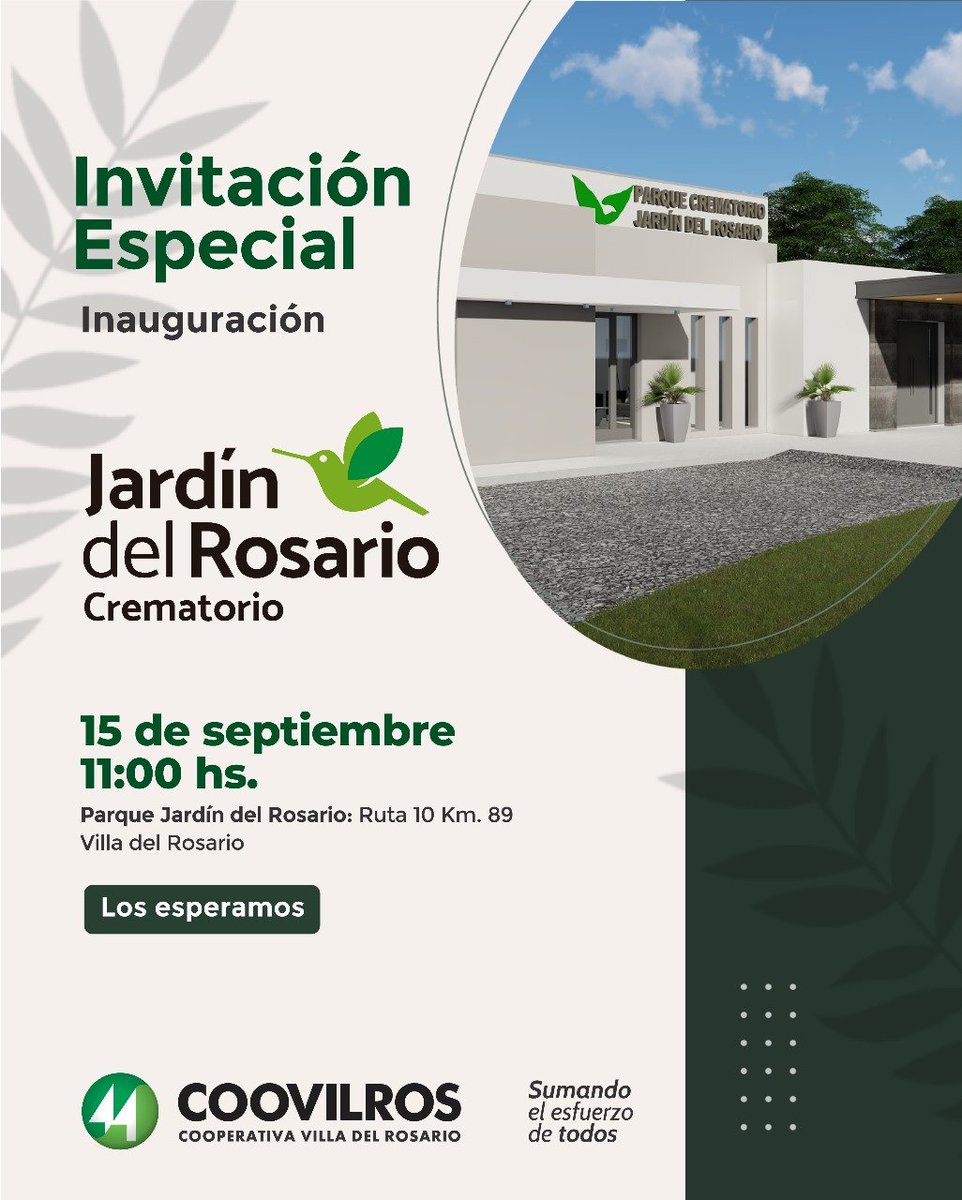 Este 15 de septiembre, nuestra asociada <a href="/Coovilros/">Coovilros</a>, presenta e inaugura "Jardín del Rosario Crematorio"
Así agrega un nuevo servicio "sumando el esfuerzo de todos"
Felicitamos a su equipo de trabajo por un nuevo objetivo cumplido y compartimos invitación a este significativo acto