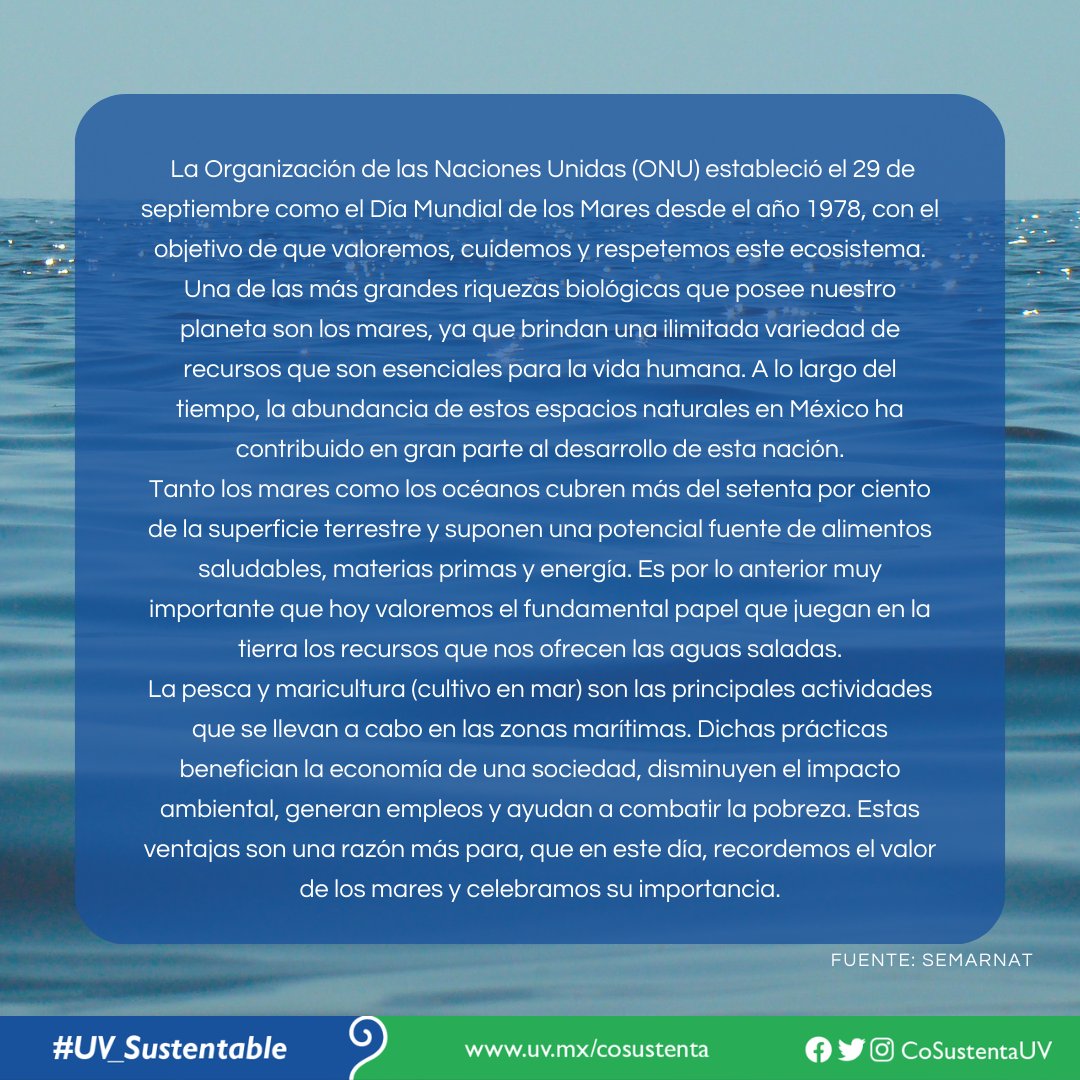 📅29 de Septiembre. Día Mundial de los Mares🌊#UV_Sustentable #Xalapa #Veracruz #BocaDelRío #PozaRica #Tuxpan #Córdoba #Orizaba #Coatzacoalcos #Minatitlán #PorUnaTransformaciónIntegral #Sustentabilidad #CoSustenta #CoSustentaUV #UniversidadVeracruzana #EfeméridesSustentables