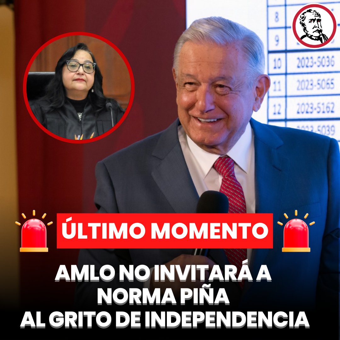 revistapolemon's tweet photo. 🚨 #ÚLTIMOMOMENTO El Presidente @lopezobrador_ reveló que no invitará a la presidenta de la @SCJN, Norma Piña, a la ceremonia del Grito de Independencia que se celebrará la noche del viernes 15 de septiembre en el balcón de Palacio Nacional.

-¿El Poder Judicial y Legislativo están invitados al Grito?-, lo cuestionó la reportera del Reforma.

“No, nada más es una representación del gobierno, del Ejecutivo, muy limitada y austera, nada de la parafernalia de antes” respondió el Presidente AMLO. 

El mandatario destacó que es notorio y público que no tiene una buena relación con el Poder Judicial y a diferencia de lo que sucedía con el ministro @ArturoZaldivarL, hoy en el Poder Judicial sólo actúan en contra de la transformación del país. 

“No tenemos buenas relaciones, es notorio y de dominio público, se han dedicado a actuar en contra de la transformación, están en contra del pueblo y son representantes de la oligarquía, de la minoría corrupta y rapaz”, acusó AMLO.

“Son como representantes de la delincuencia de cuello blanco y en algunos casos también de la otra delincuencia, no todos, pero sí predominan”, fustigó López Obrador.

Por ese motivo, el Presidente López Obrador dijo que ahora está en manos del pueblo transformar al Poder Judicial, pues sí se hace realidad el Plan C (una votación masiva en el 2024 para tener mayoría en el Congreso y el Senado), podrá hacerse una reforma  para que los jueces, ministros y magistrados sean electos a través del voto popular y así exista un auténtico estado de derecho. 

“Hace falta una reforma en el Poder Judicial. Son de las cuestiones que quedan pendientes, ya no me dio tiempo, habría que hacerlo si el pueblo lo decide, cuando entre el nuevo Congreso, para que sea el pueblo el que rescate, recupere al Poder Judicial” remató el mandatario en su conferencia mañanera.