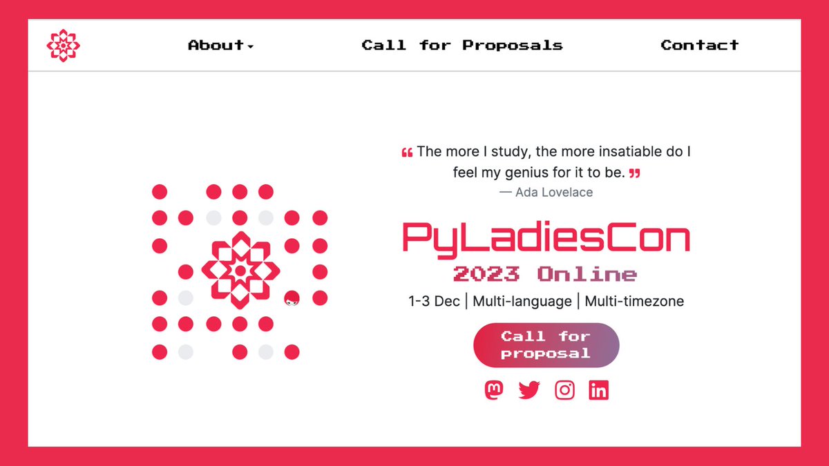 🐍¡Hola Comunidad #Python!🚀 

📢Necesitamos su AYUDA PARA DIFUNDIR los detalles sobre #PyLadiesCon 📢

La primera PyLadiesCon será en línea, gratuita y puedes aplicar tu charla en diferentes idiomas.

Más detalles: 👇
pyladies.com/blog/PyLadiesC…

🌐conference.pyladies.com

#PyLadies