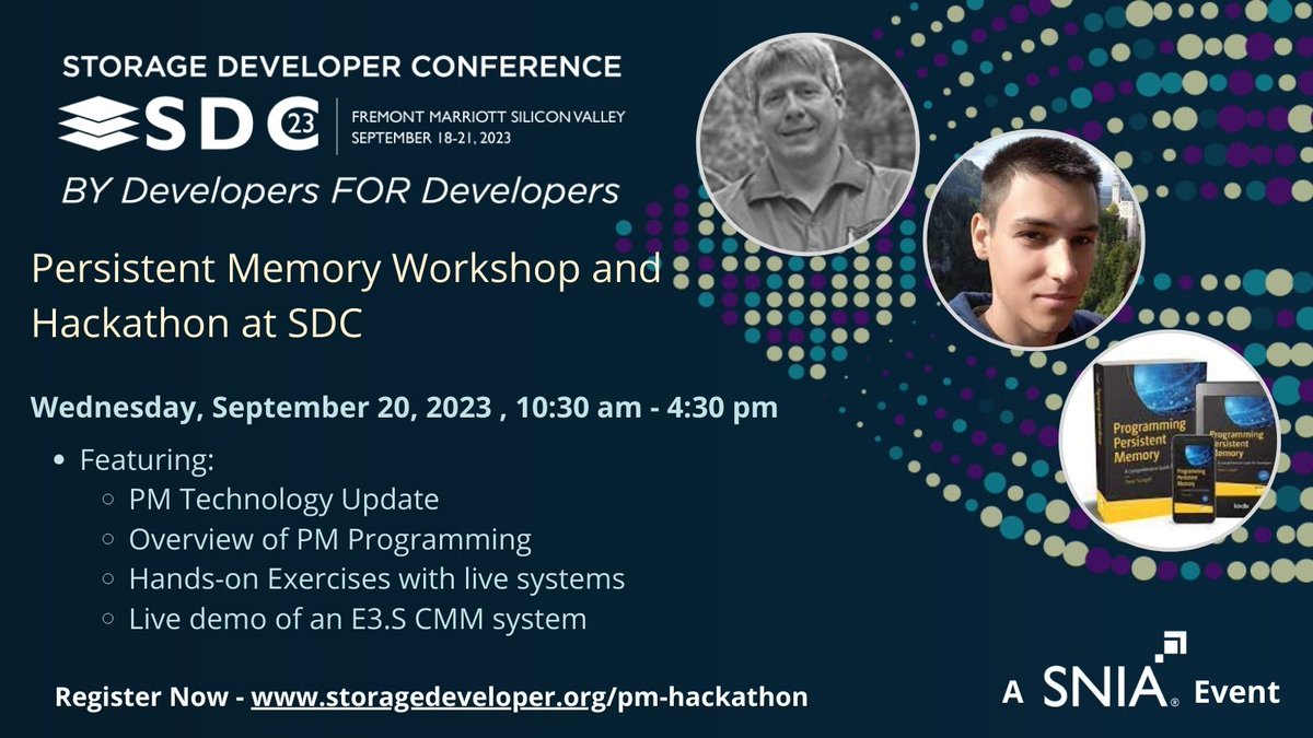 All <a href="/SNIA/">SNIA</a> Storage Developer Conference attendees are welcome to attend the Persistent Memory Programming Workshop and Hackathon on September 20 at #SDC23. Look forward to seeing you there! <a href="/SNIASDC/">SNIA Developer Conference</a>