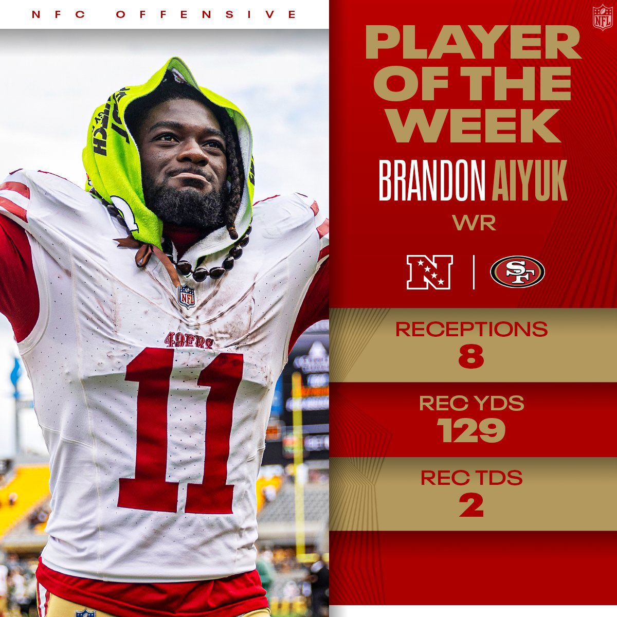 OurSf49ers's tweet photo. #49ers Brandon Aiyuk was named the NFC offensive player of the week 🔥 🔥 https://t.co/4bD1Fd4ShN