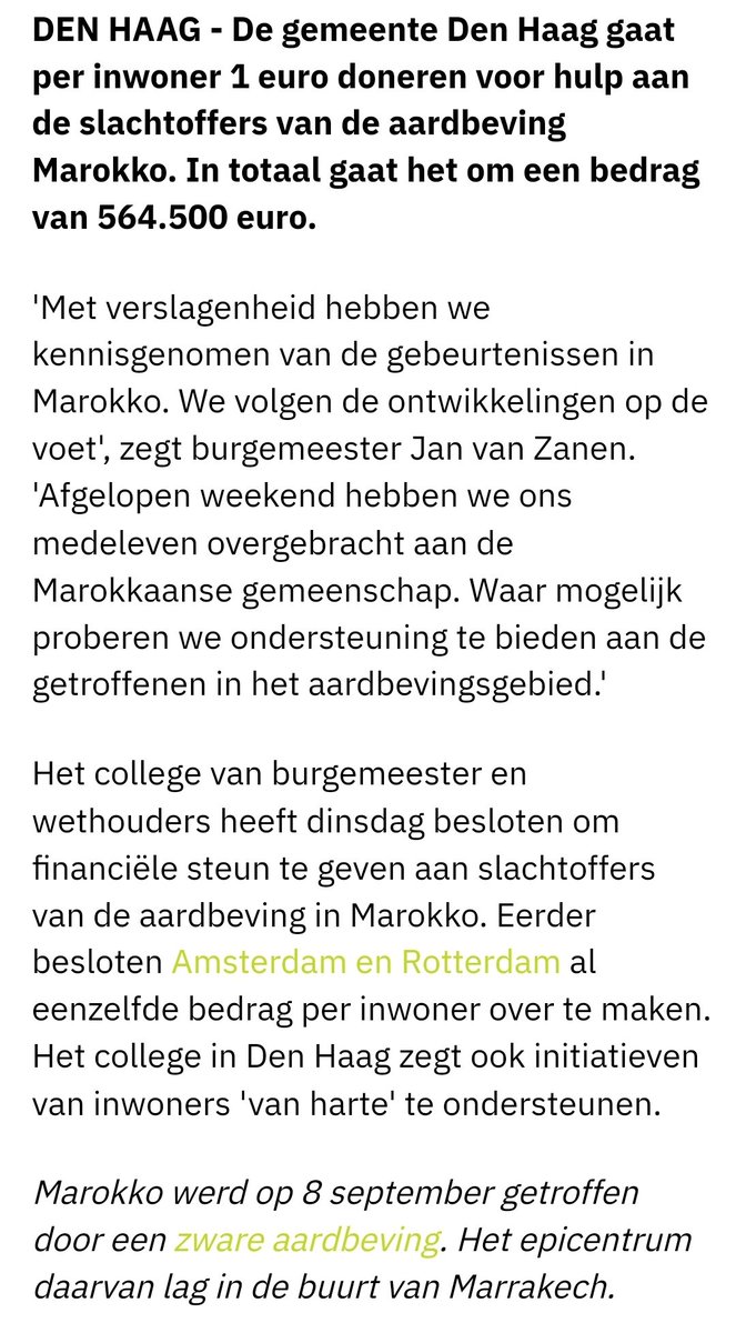 Wij zijn ontzettend blij dat @GemeenteDenHaag heeft besloten om het mooie bedrag van €564.500,- te doneren t.b.v. de slachtoffers en nabestaanden van de aardbeving in Marokko ❤💚 Dank aan gemeente Den Haag voor de steun en solidariteit!