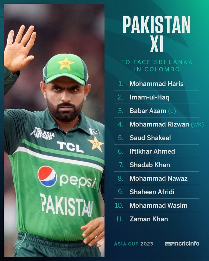 FIVE changes for Pakistan ahead of semi-final against Sri Lanka 🇵🇰 

Mohammad Haris, Saud Shakeel, Mohammad Nawaz, Mohammad Wasim and Zaman Khan all come into the Team 🏏 

#PAKvSL #AsiaCup2023