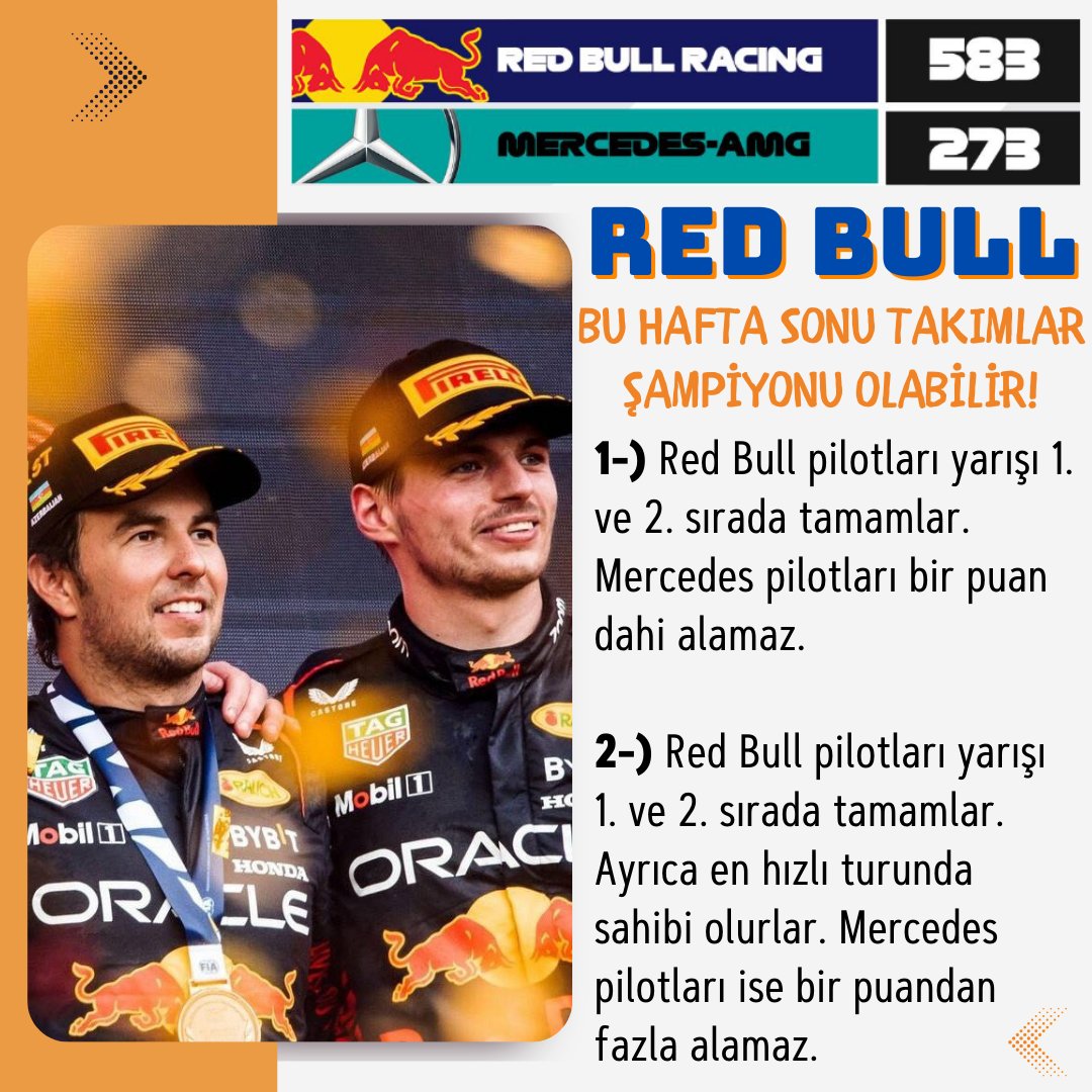 Red Bull şayet Singapur Yarış Haftasından istediği puanları alırsa sezonun bitimine 7 hafta kala 'Takımlar Şampiyonluğunu' ilan etmiş olacak.