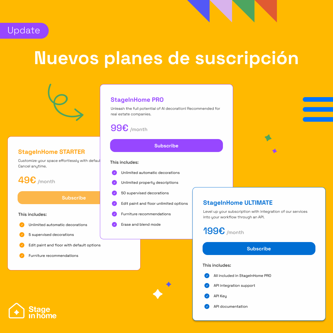 ✨🔔 ¡Novedad emocionante de #StageInHome! Sumérgete en el #homestagingvirtual con nuestros NUEVOS planes de suscripción potenciados por #IA. Elige lo mejor para ti: STARTER 🌟, PRO 🚀 o ULTIMATE 🌐. ¿Dudas? ¡Estamos para ayudarte! 🏡💻
💌 info.stg@stageinhome.com
