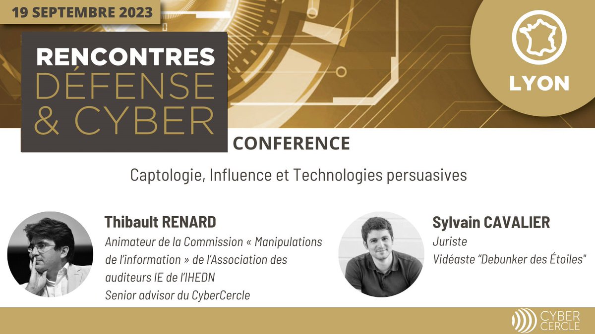 CyberCercle's tweet photo. Vous souhaitez en savoir plus sur la #captologie, l'#influence et les technologies persuasives à l'heure du #numerique ?
📆RDV le 19/09 à Lyon pour les 2E Rencontres Défense & Cyber avec une conférence dédiée !
🚩 En savoir plus https://t.co/lOrydTZKWQ
#rdefensecyber https://t.co/UfXacdxr71