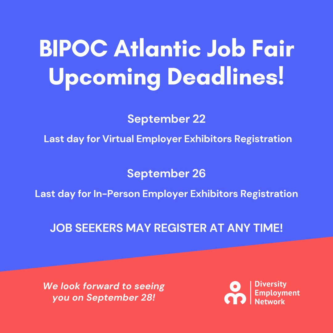 DON'T MISS OUT! We're just over two weeks away from our BIPOC Atlantic Job Fair on Sept 28th, we still have space for virtual and in-person exhibitors (limited).  Register now to confirm your space. BIPOC Atlantic Job Fair (vfairs.com) #diversity #JobFair #hiring