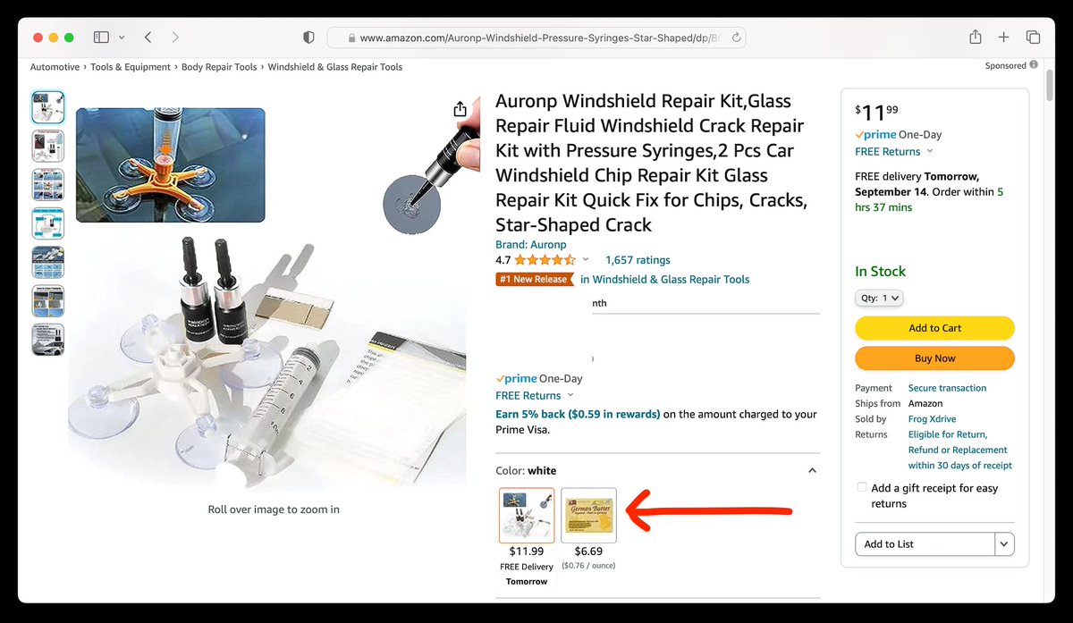 LightInDisWorld's tweet photo. With all the #AI and tech, #Amazon (with deep pockets) still can't weed out these practices? How can two very different products be sold like this and have their reviews be combined to trick buyers? Most of the good reviews are for butter, not for windshield crack repair kit. 🤷🏽‍♂️ https://t.co/agep3l8wI3