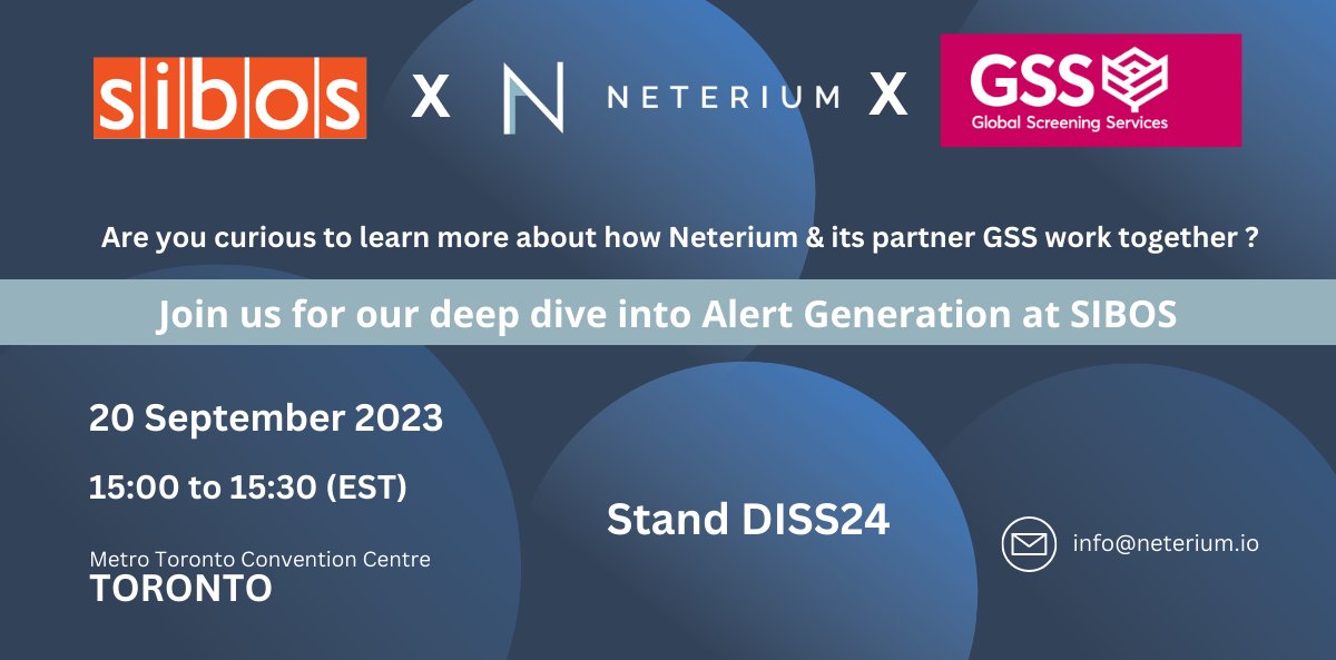 #SIBOS2023

Are you curious to learn more about how #Neterium &amp; its partner #GSS work together?

👋 Join us for our deep dive into 𝐀𝐥𝐞𝐫𝐭 𝐆𝐞𝐧𝐞𝐫𝐚𝐭𝐢𝐨𝐧 at <a href="/Sibos/">Sibos</a> 
🗓20 September 2023
⏰15:00 to 15:30 (EST)
🎯Stand DISS24

#FCC #Sanctions #Screening #partnership