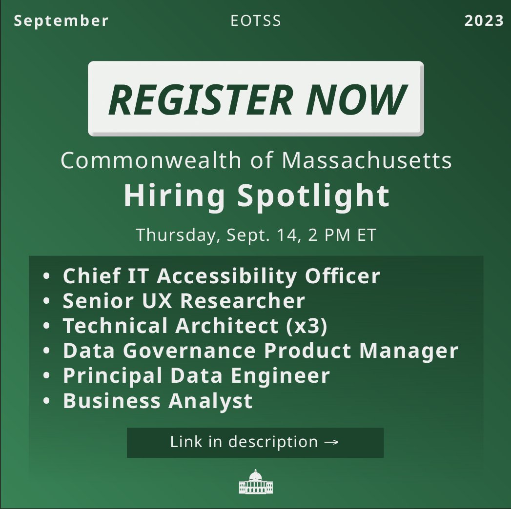 Join us tomorrow! 📣We’re highlighting these 6 job opportunities at <a href="/MassGovDigital/">Massachusetts Digital Service</a> and <a href="/MassData/">MassData</a> during a <a href="/digitalsnet/">Digital Service Network</a> webinar Sept. 14 at 2 p.m. ET. Register now to learn more about these positions from the <a href="/MassEOTSS/">MassEOTSS</a> team! bit.ly/3RbXpnI