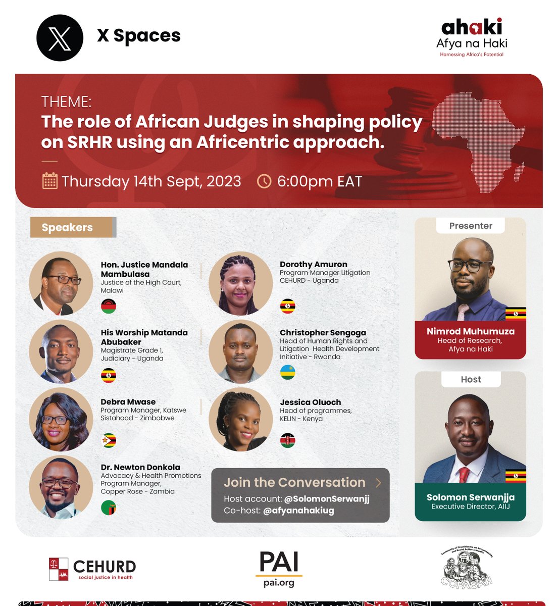 What role have African judges played in shaping #SRHR policy with an #Africentric Approach? Join <a href="/afyanahakiug/">Afya na Haki</a>, <a href="/cehurduganda/">CEHURD Uganda</a>, PAI and more <a href="/COPASAH/">COPASAH</a> partners for this X-Space Conversation today!