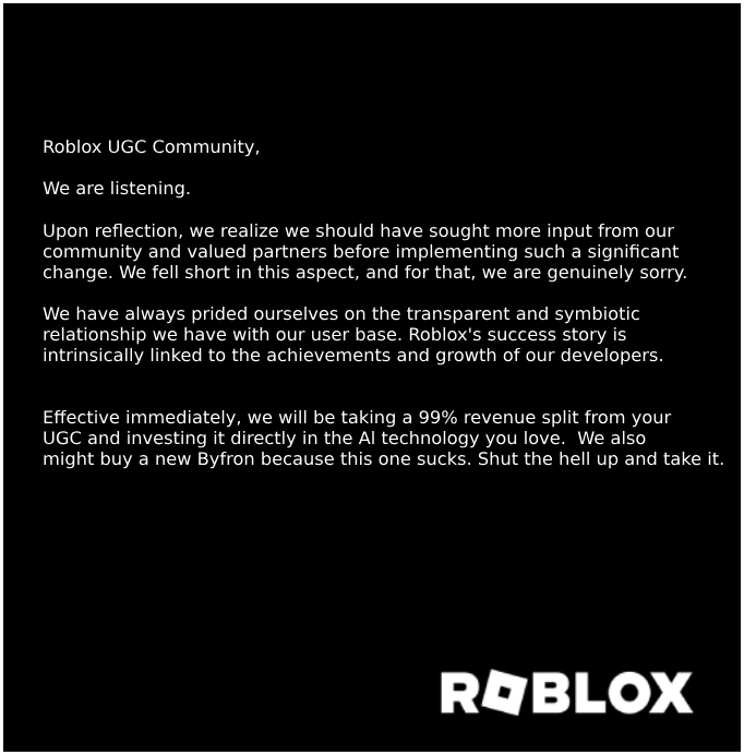 RobloxNoobifier's tweet photo. Roblox's letter in response to #SaveUGC 

Do you think they'll actually do this? https://t.co/Bve5VpkZFi
