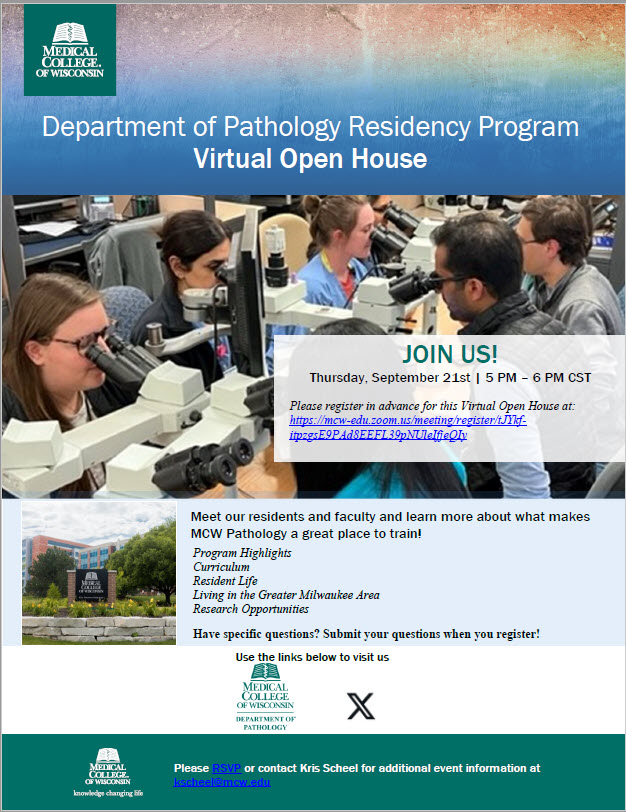 Join us in a virtual open house on Thursday, September 21st from 5 pm - 6 pm CST. Register at mcw-edu.zoom.us/meeting/regist…  Come meet our residents and faculty and find out what makes @MCWPathology a great place to train #pathology