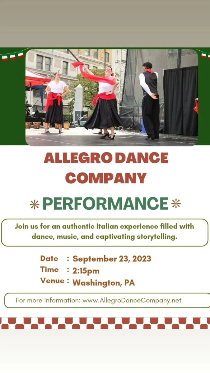 AllegroDance's tweet image. See you soon in Washington, Pa. 
allegrodancecompany.net 
#italianfestival #WashingtonPa #culture #danceperformance #allegro1994
