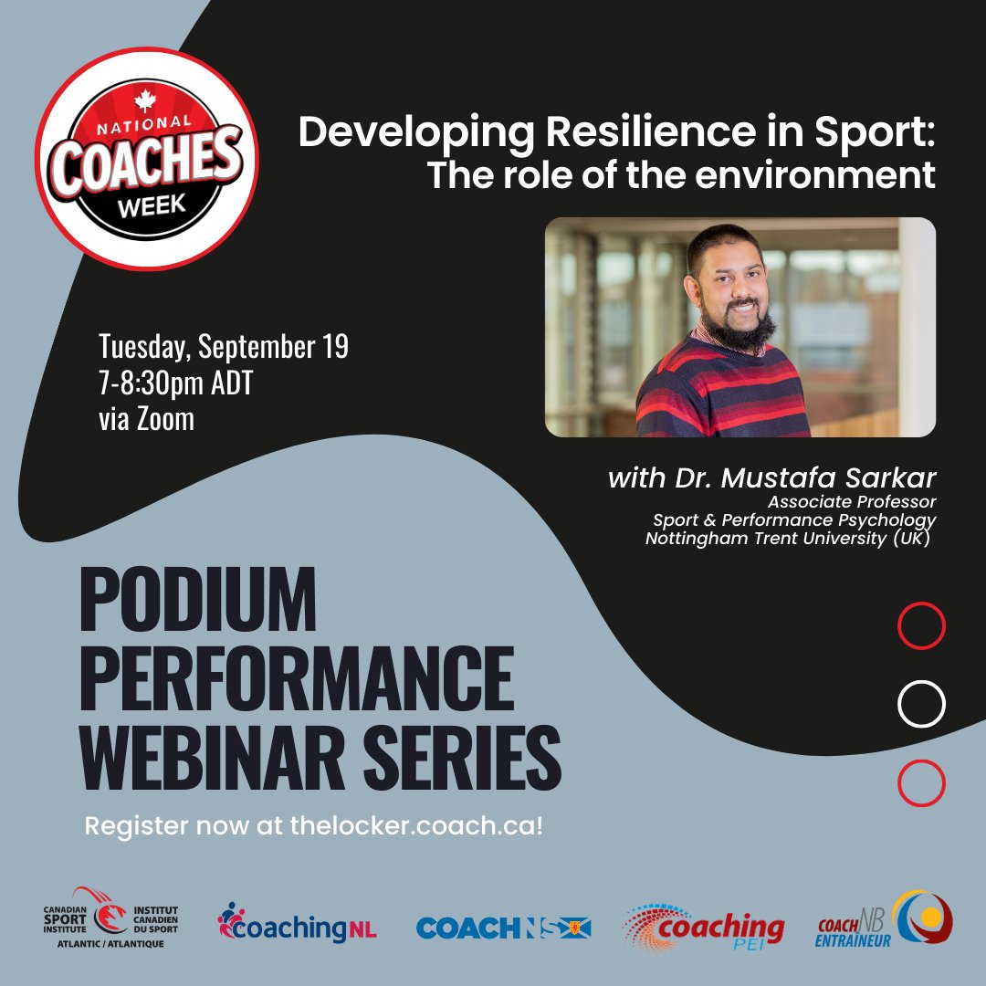 Hey Coach,  

Just ONE WEEK until <a href="/MusSarkar/">Dr Mustafa Sarkar</a> joins us for a very special National #CoachesWeek Podium Performance webinar. #ThanksCoach

Curious about what role your environment plays in developing resilient athletes? Join us!
Register now 📷 thelocker.coach.ca/event/registra…